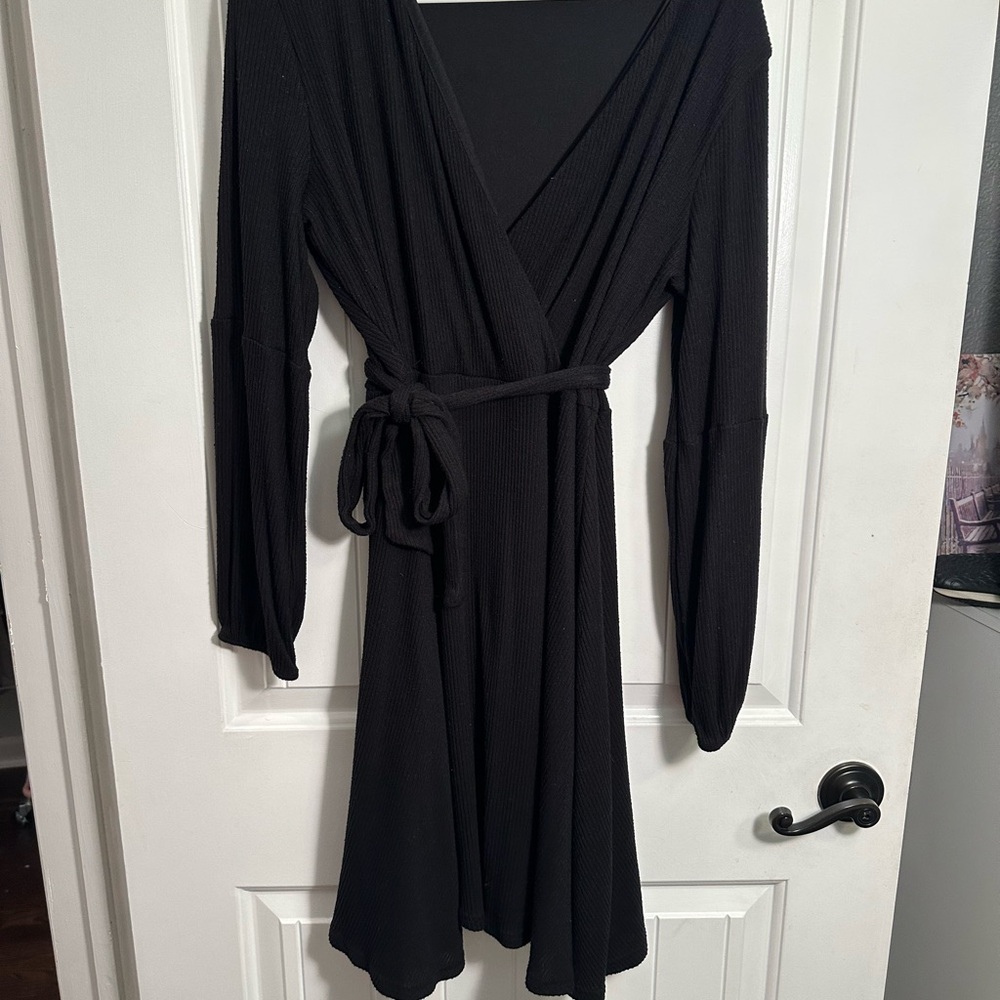 Maurices Black Wrap Dress with Bishop Sleeves and V-Neck